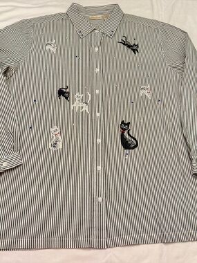 Vintage Bobbie Brooks Size Large Cats Embroidered  Pin Stripe Button Up